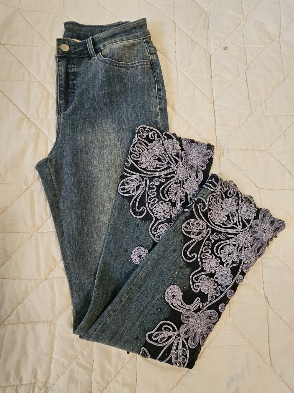 Soft Surroundings - Embroidered & Lace Straight Leg Jeans - Size 4